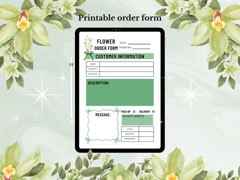 Printable Florist Green Order Form, Printable Organization Sheet ...