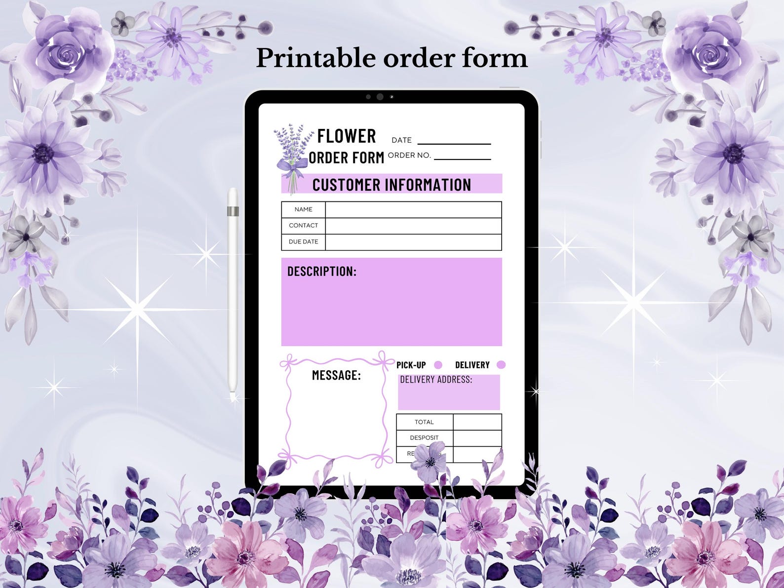 Printable Florist Purple Order Form, Printable Organization Sheet ...
