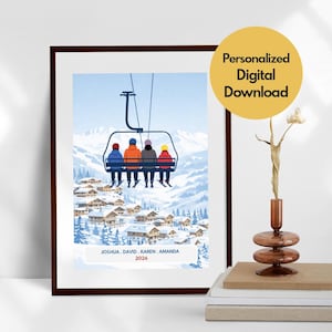 Könnte beinhalten: Gerahmter Druck mit einer Seilbahn mit vier Personen in bunten Jacken, vor einer schneebedeckten Bergkulisse und einem Dorf. Der Druck enthält den Text "Personalized Digital Download" sowie Namen und ein Jahr am unteren Rand.