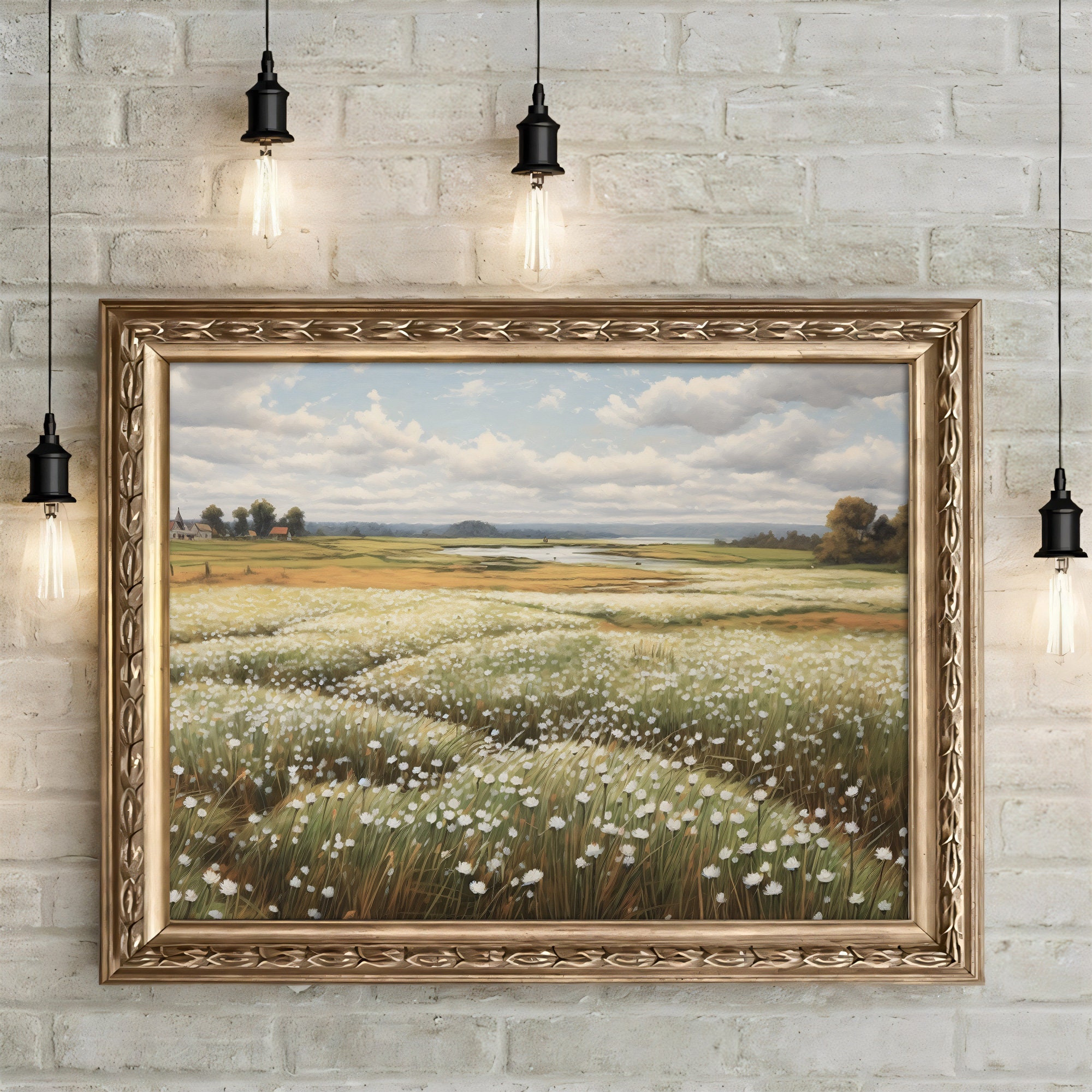 Vintage White Flower Field Oil Painting Large Wall Art Print Nature ...