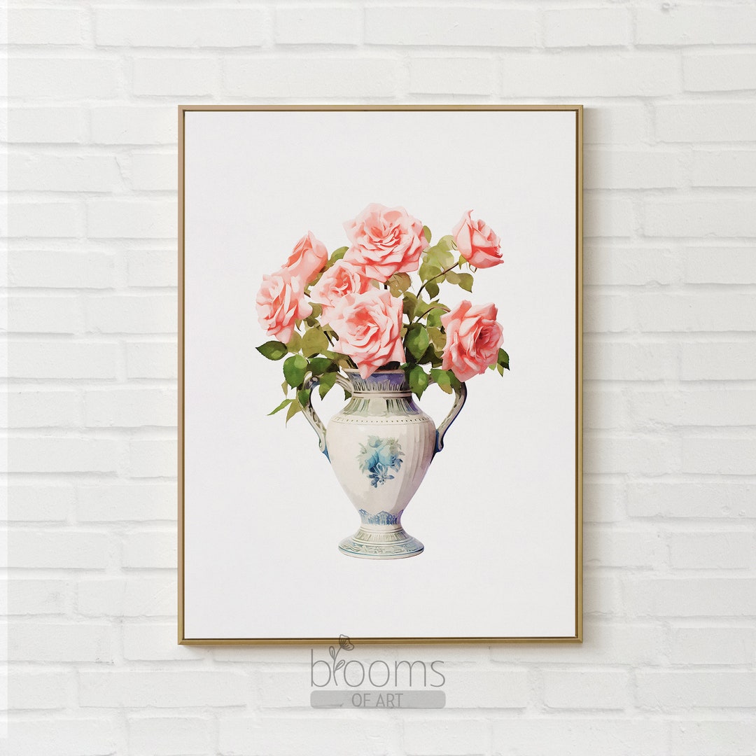 Pink Roses Wall Art Printable Watercolor Vase Art With Rose Flower ...