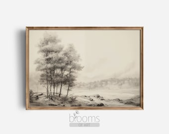 Vintage Farmhouse Landscape Sketch Art Print (Digital Download)