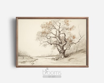 Vintage Farmhouse Landscape Sketch Art Print (Digital Download)