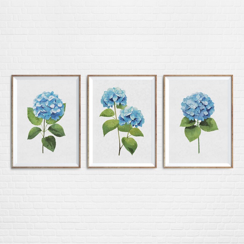 Blue Hydrangea Watercolor Prints | Botanical Wall Art Set (digital ...