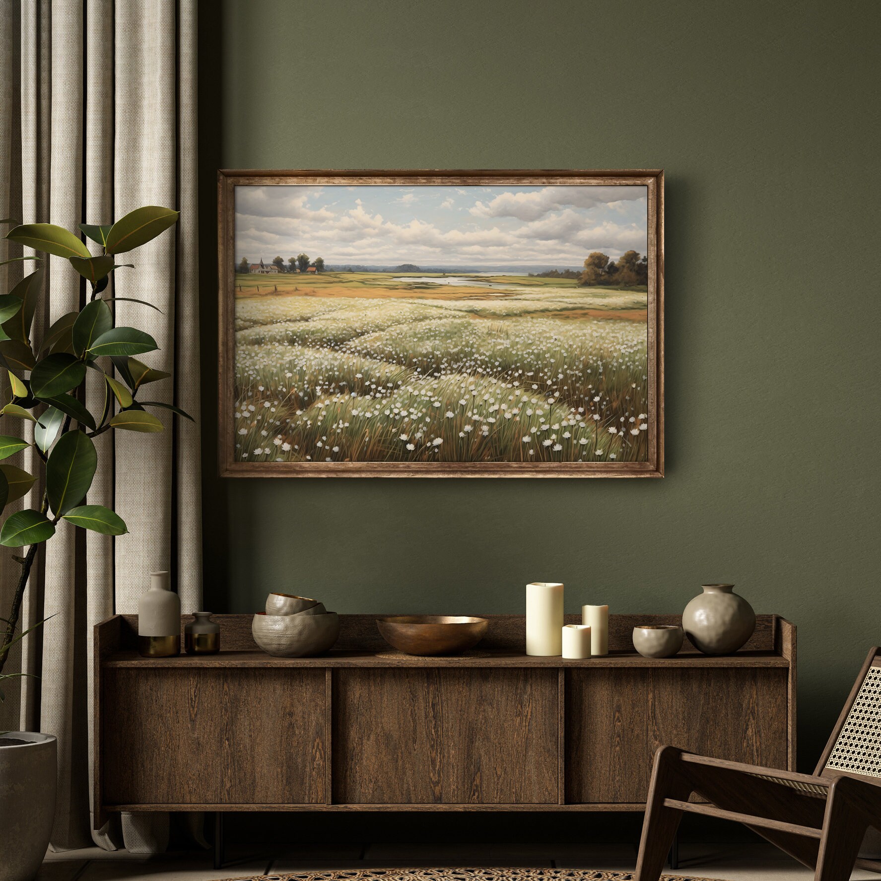 Vintage White Flower Field Oil Painting Large Wall Art Print Nature ...
