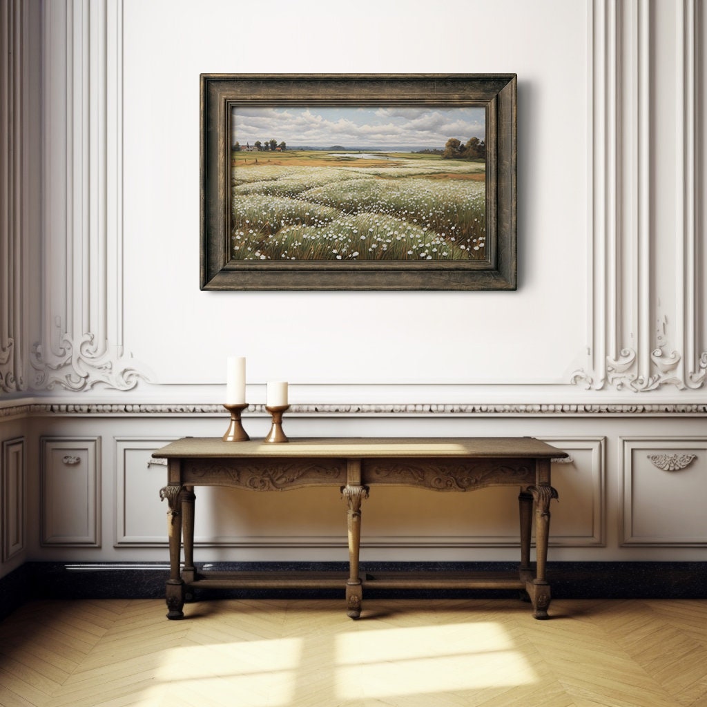 Vintage White Flower Field Oil Painting Large Wall Art Print Nature ...