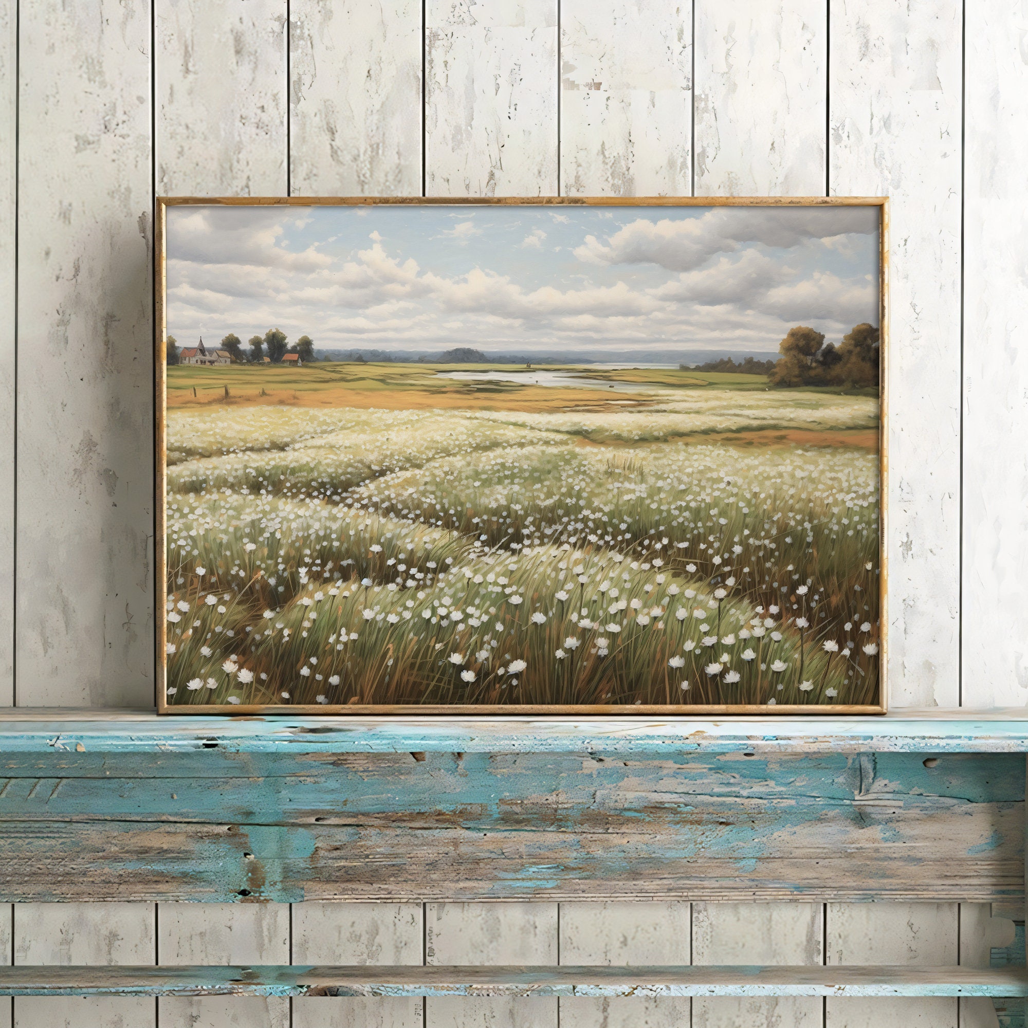 Vintage White Flower Field Oil Painting Large Wall Art Print Nature ...