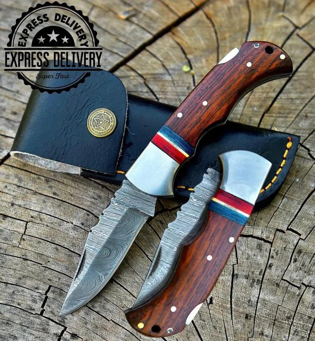Mountain Spirit Damascus Folding Pocket Knife with Exotic Wood Handle