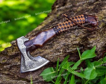 Custom Gift Forged Carbon Steel Viking Axe with Rose Wood Shaft, Viking Bearded Camping Axe, Best Birthday&Anniversary Gift For Him,
