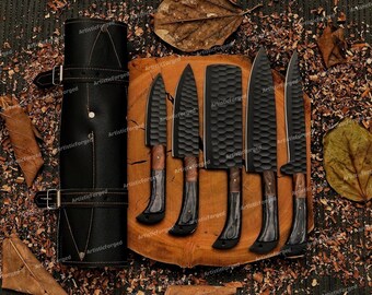CUSTOM HAND FORGED Damascus Steel Chef's Knives Set, Damascus Chef Knifes, Damascus Kitchen Knife Set, Christmas Gifts, Best Birthday Gifts,