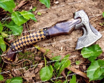 RAGNAR Axe, Viking Forged Carbon Steel Axe- VIKING Axe- Hatchet Rose Wood Shaft, Bearded Camping Axe, Wedding & Christmas Gift, Gift For Him