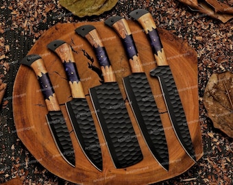 HAND FORGED DAMASCUS Steel Chef's Knives Set, Damascus Chef Knife, Damascus Kitchen Knife Set, Anniversary Gifts, Christmas Gifts,