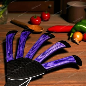 May include: A set of five kitchen knives with purple wooden handles and black blades. The handles have a textured grain pattern and are accented with silver rivets. The knives are displayed in a black sheath.