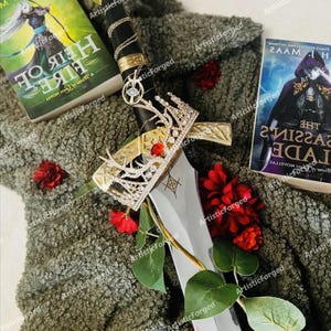 May include: A silver sword with a gold hilt and a red jewel on top. The sword is lying on a green fuzzy surface with red flowers and two books. The books are titled "A Heir of Fire" and "The Assassin's Blade".
