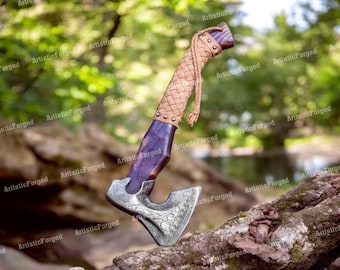 PERSONALIZED Custom Hand Forged Viking Axe with Rose Wood Shaft, Viking Bearded Camping Axe, Wedding Anniversary CHRISTMAS Gift For Husband,