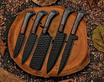 CUSTOM HAND FORGED Damascus Steel Chef's Knives Set, Damascus Chef Knifes, Damascus Kitchen Knife Set, Anniversary Gifts, Father's Day Gifts