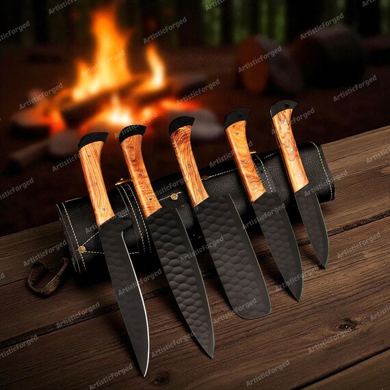 Handmade Damascus Chef Set | Damascus Knife Set {Kitchen Knives-5Pcs} Chef Knife | ANNIVERSARY Gifts | CHRISTMAS Gifts | THANKSGIVING Gifts.