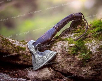 RAGNAR Axe, Viking Forged Carbon Steel Axe- VIKING Axe- Hatchet Rose Wood Shaft, Bearded Camping Axe, Wedding & Christmas Gift, Gift For Him
