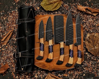 CUSTOM HAND FORGED Damascus Steel Chef's Knives Set, Damascus Chef Knifes, Damascus Kitchen Knife Set, Christmas Gifts, Anniversary Gifts