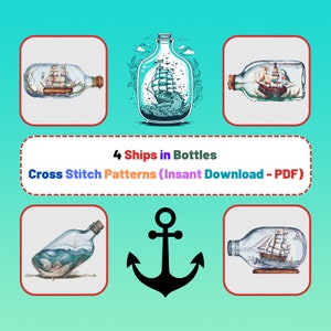 4 Ships in Bottles Cross Stitch Patterns, PDF, 200x240 Stitches, 36x44cm, 39 colors