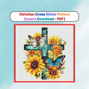 Christian Cross Stitch Pattern: Sunflower Butterfly Design (PDF Pattern)