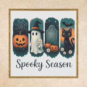 Spooky Stitch Delight | Halloween Cross Stitch Pattern | Witchy Ghost, Black Cat, Pumpkin & Graveyard PDF