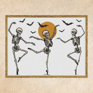 Creepy Cute Skeleton Dance Cross Stitch - Gothic Halloween Pattern (Digital Download)