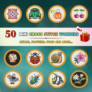 50 Mini Cross Stitch Patterns Bundle - Animals, Flowers, Food & More | PDF Instant Download | Small Modern Cross Stitch Kit for Beginners