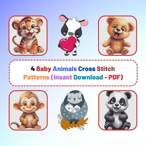 4 Baby Tiere Kreuzstich Anleitungen, 200x240 Stiche, 36x44 cm, 39 Farben