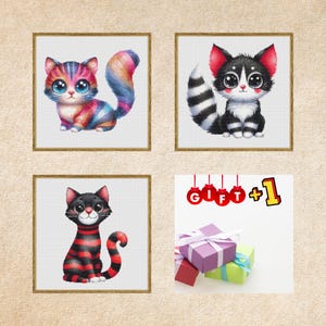 3 Adorable Cat Cross Stitch Patterns - Instant Download, Cute Kitty Embroidery Designs