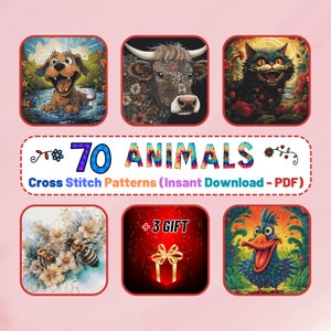 Pacote de padrões de ponto cruz de 70 animais