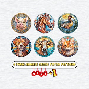 6 Stained Glass Farm Animals - Cross Stitch Patterns