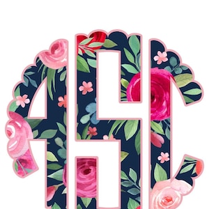 Custom Scallop Monogram PNG - Navy Floral and Pink - Sublimation PNG -  Custom PNG