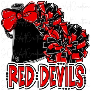 Puede incluir: Pompones de animadora negros y rojos con una campana negra y un lazo rojo. El texto "RED DEVILS" está escrito en letras rojas con contornos negros.