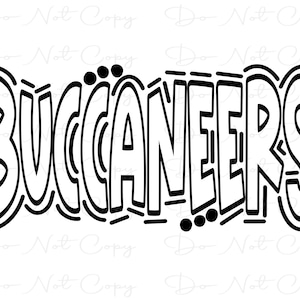 Könnte beinhalten: Schwarzweißes Grafikdesign des Wortes "BUCCANEERS" in einer fetten, stilisierten Schriftart.