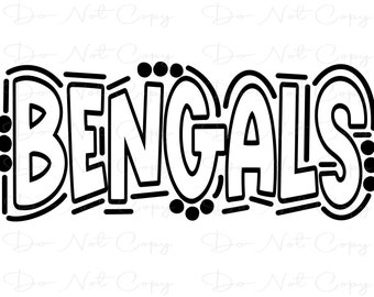 Puede incluir: Diseño gráfico en blanco y negro de la palabra "BENGALS" en una fuente en negrita y estilizada. Las letras están delineadas con líneas negras gruesas y tienen una apariencia redondeada y caricaturesca.