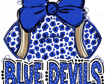 May include: Blue and white football with a blue bow on top. The football has a leopard print pattern. The text "BLUE DEVILS" is below the football in blue with white polka dots.