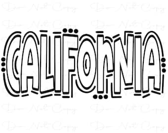 May include: Black and white illustration of the word "CALIFORNIA" in a bold, stylized font.