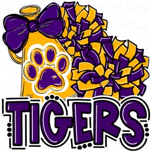 May include: A purple and gold cheerleading design with a megaphone, pom-poms, and the word "TIGERS".