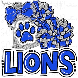 Op de afbeelding: Blauwe en zilveren cheerleading pompoenen met een blauwe en witte bel met een pootprint erop. Het woord "LIONS" is geschreven in blauw met zwarte contouren.