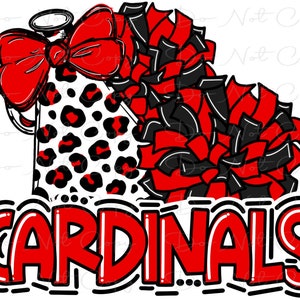 CARDINALS - Cheer PomPoms Megaphone Mascot - Black and Red - Doodle Letters - Sublimation PNG - Digital Artwork