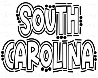 Op de afbeelding: Zwart-witte illustratie van de tekst "SOUTH CAROLINA" in een vet, gestileerd lettertype.