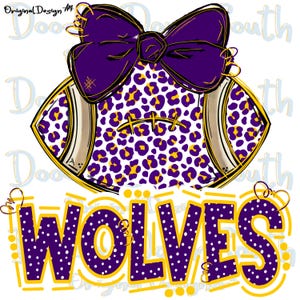 May include: A digital illustration of a football with a purple bow and a leopard print design in purple and yellow. The word "WOLVES" is written in purple with white polka dots and yellow outlines.