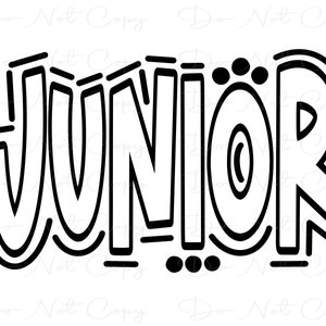 Puede incluir: Diseño gráfico en blanco y negro de la palabra "JUNIOR" en una fuente en negrita y estilizada.