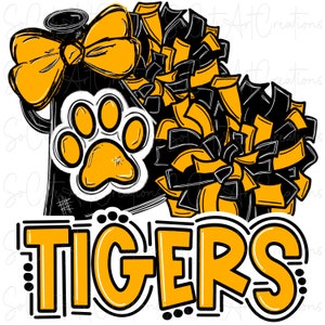 May include: Black and gold cheerleading pom pom with a black and white paw print on a black and white megaphone with a yellow bow. The text "TIGERS" is in yellow letters.