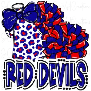Red Devils - Cheer PomPoms Megaphone Mascot - Doodle Letters - Sublimation PNG - Digital Artwork