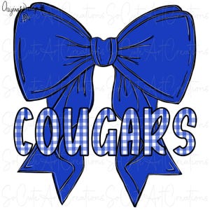 Puede incluir: Un lazo azul con un patrón de cuadros blancos y azules que dice "COUGARS" en el centro.