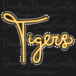 May include: Black graphic with the word "Tigers" in a stylized, cursive font. The word is outlined in white with a yellow and orange fill, and dotted accents. The background is black.