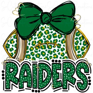 May include: Green and gold football with a green bow and white polka dots. The word "RAIDERS" is written in green with white polka dots.