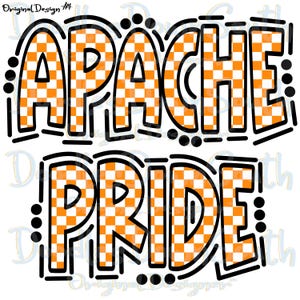 May include: A graphic design featuring the words "APACHE PRIDE" in bold, outlined letters. The letters are filled with an orange and white checkered pattern. Black dots and lines surround the text on a white background.
